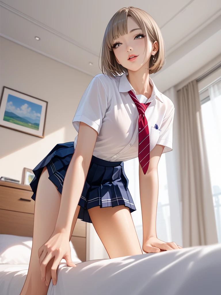 (NSFW:1.55), ​masterpiece, top-quality, The ultra -The high-definition, Top resolution, ighly detailed, profetional lighting、pretty skin、A slender, Young Face,  rather large breasts,  red blush, Light brown medium hair, Naked tie, a navel, Naughty look, Real High School Girl Mini Skirt、((1 boy、Straddling a man with open legs))、Ranma 1/2