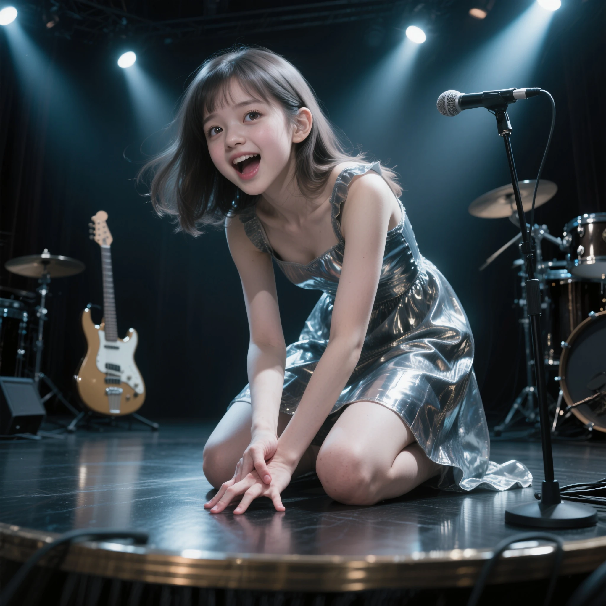 (((junior idol))),((slender)),((((child girl)))),(((6 years old))),visible nipples,nipple slip from sleeve,visible under arm,no sleeves,(((flat chest))),(((nipple slip))),(((cute))),(((NSFW))),(((visible mons pubic))),standing,smile,tank top,(((from side))),close up,