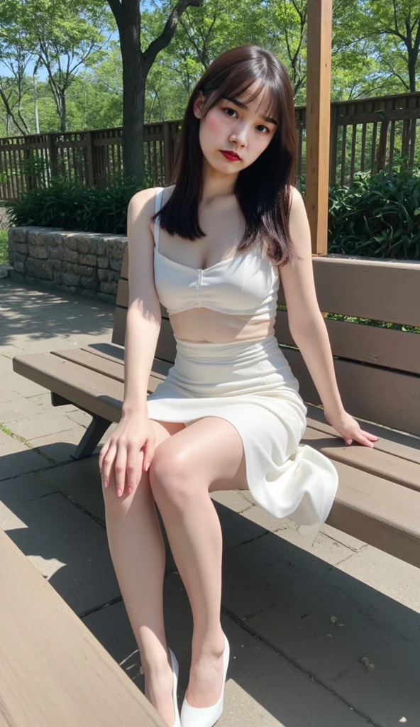 ((best quality, 8k, masterpiece: 1.3)), sharp: 1.2, perfect body beauty: 1.4, slender abs: 1.2, ((layered hairstyle, big breasts: 1.2)), (bandeau dress white: 1.1 ), city streets: 1.2, highly detailed facial and skin textures, detailed eyes, double eyelids, long brown hair, thin dress, hands behind, squatting, slightly revealing panties, revealing cleavage.