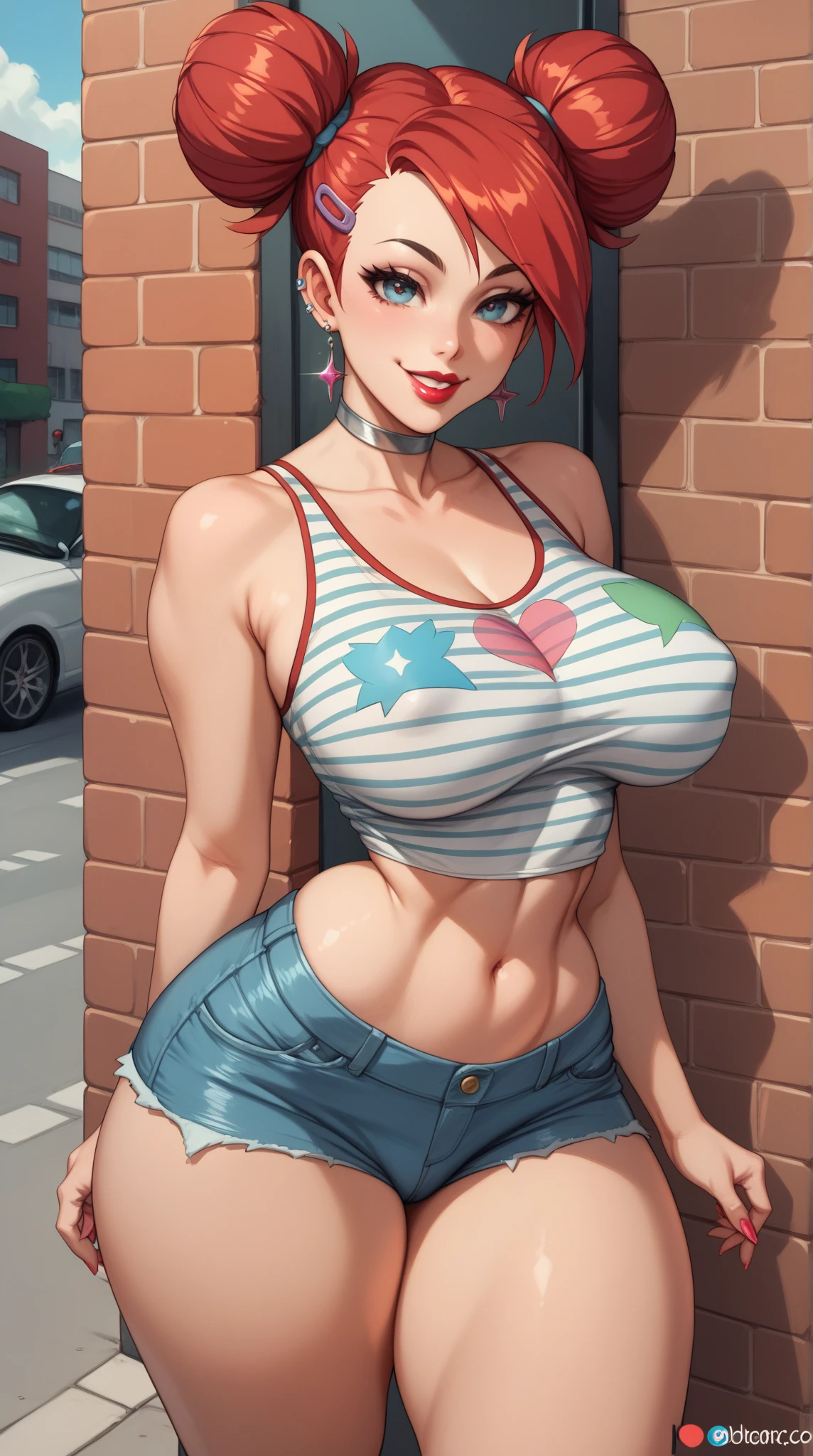 Girl radiating a huge smile wears a 4k realistic, high-quality tank top that reveals her ample bosom. Her figure is accentuated by the snug fit of the top, and her short pants add to the casual yet alluring appearance. The vivid colors of the scene pop with lifelike detail, and the sunlight casting shadows brings the image to life. The focused rendering captures every detail, from the wrinkles in her clothes to the freckles on her sun-kissed skin.