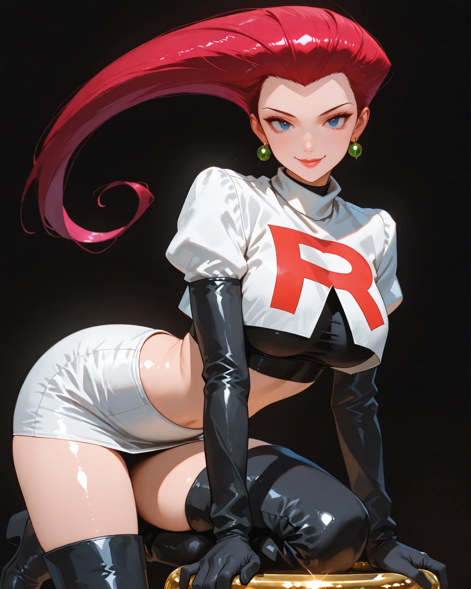 closeup, Sluisap, eyes、usnr、GBF_style、748cmstyle、32K、Semi-realistic、 super detailed description 、Artwork、Original Works、 detailed color、 detailed eyes、 detailed lips 、 The Greatest Masterpiece、Professional work、normal breast, Pokemon Character , Jessie, Jessie, (Jessie cosplay :1.3) sexy , cowboy shot, shiny body, full frame, full length, ( perfect fingers:1.3) , shiny body, perfect fingers:1.3, seductive pose , black background , dark background , wearing White cropped top with a large red “R” (Team Rocket logo), High-waisted white mini skirt, Long black gloves and thigh-high black boots, Black undershirt or midriff cover, Gold hoop earrings, smile, sitting on all fours , arched back