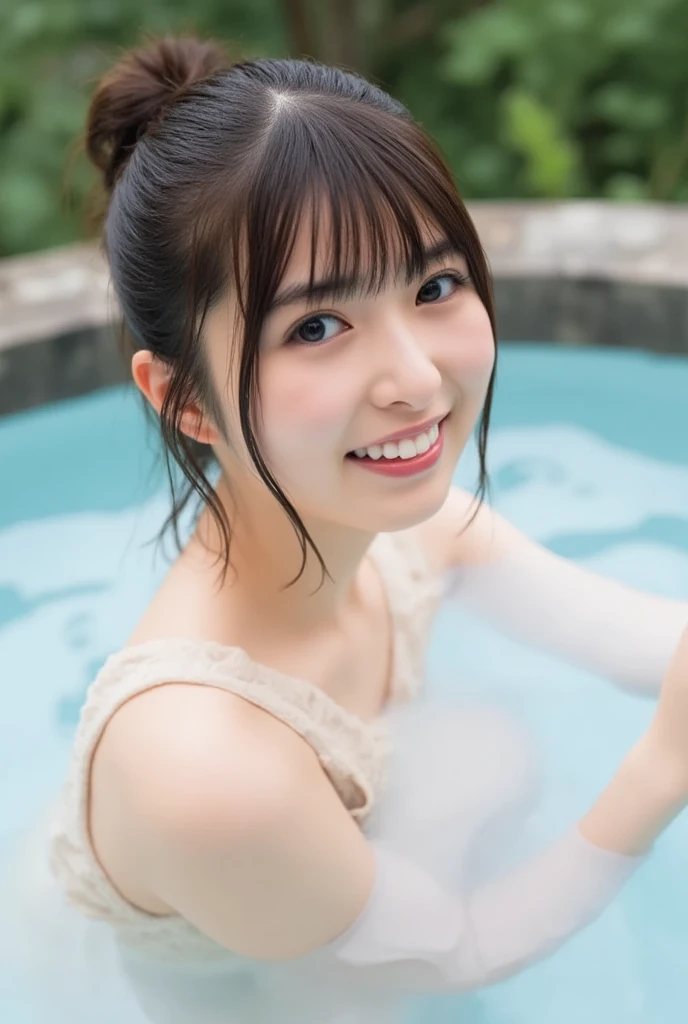 (Close up portrait of one naked girl with slender small breasts and twin-tailed hair:1.5)、(Naked cute girl with small smile in the onsen outside:1.3)、(Beautiful autumn foliage background:1.5)、(Perfect Anatomy:1.3)、(No mask:1.3)、(complete fingers:1.3)、Photorealistic、photography、mastepiece、top-quality、high resolution delicate and pretty、face perfect、Beautiful detailed eyes、Fair skin、Real Human Skin、pores、((thin legs))、(Dark hair)
