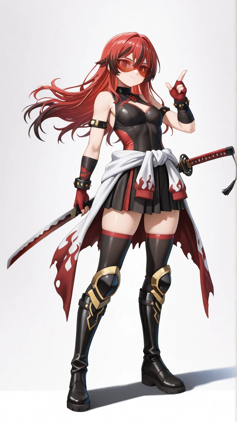 Red Monika, 1girl, armor, big hair, boots, cleavage, coin, dual wielding, earrings, firing, gloves, gun, handgun, jewelry, large breasts, long hair, makeup, midriff, navel, red hair, solo, thighhighs, very long hair, weapon, explosion, magic, <lora:RedMonikaSDXL:0.8>