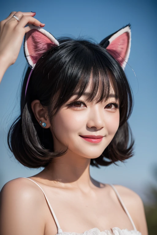 black hair, hair bobbles, wince, longeyelashes, solid circle eyes, fake animal ears, light smile, ear blush, fang, ccurate, Surrealism, drop shadow, anaglyph, stereogram, tachi-e, pov, atmospheric perspective, 8k, super detail, best quality