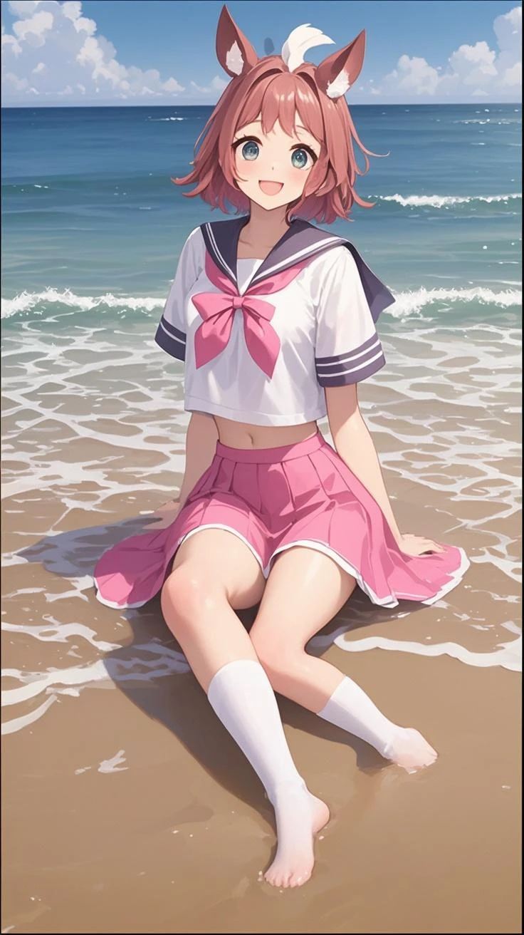 female high-school student，Pink hair，short  skirt，a sailor suit，Pull up your skirt，gentleness，Barefoot curls，Large chest，on  the  beach ，Semi-undressing，It's sweet to laugh，Highest high resolution，The ultra -The high-definition，Cartoon sense