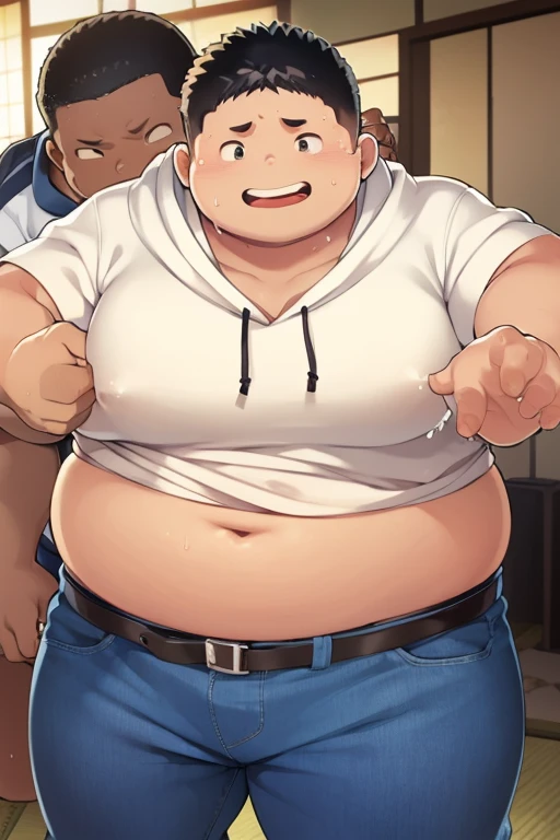 beautiful, (chubby), (very short hair), (pudgy face), (naughty), ((high school students!), (handsome), (thick), (overweight), beefy, (nipples), (cute), (little brat), (naughty brat), (へそ), ぽっちゃりした体, (big belly), 汗ばんだ体, (臭そうな体), (sports), (tank top),