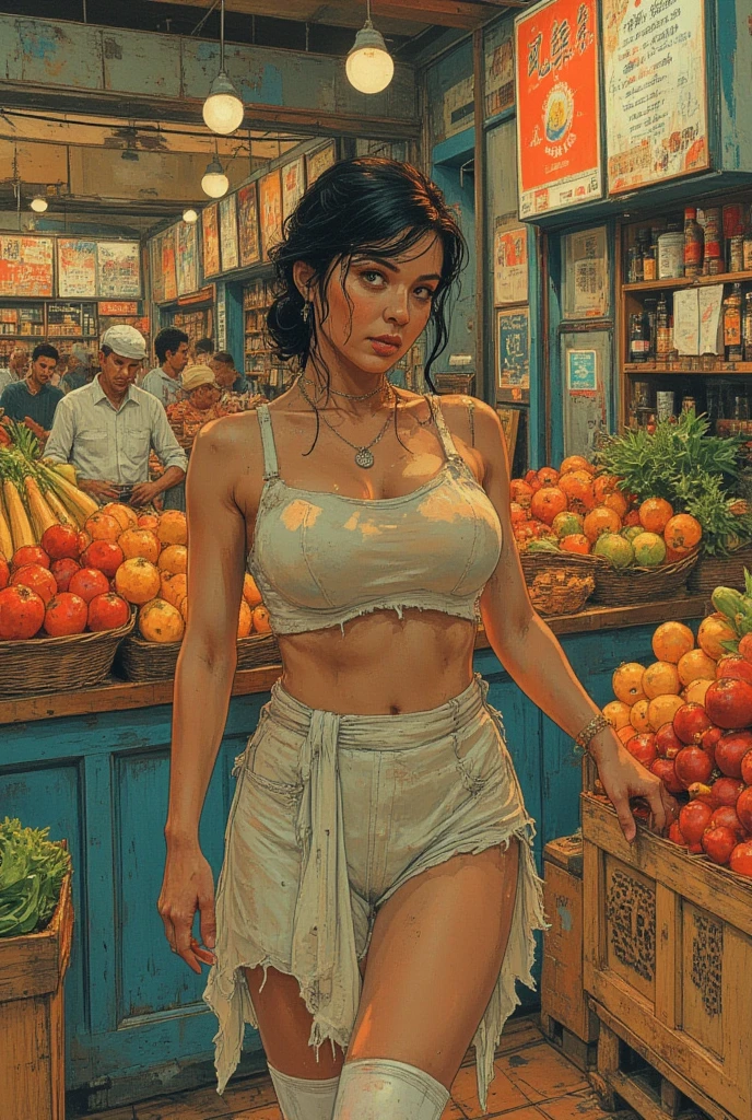 a sexy brown voluptuous big ass, freaky big booty, bikini indigenous girl, wearing accesories in the arms and legs, with kart market buying things in a mart, artistic composition, masterpiece art