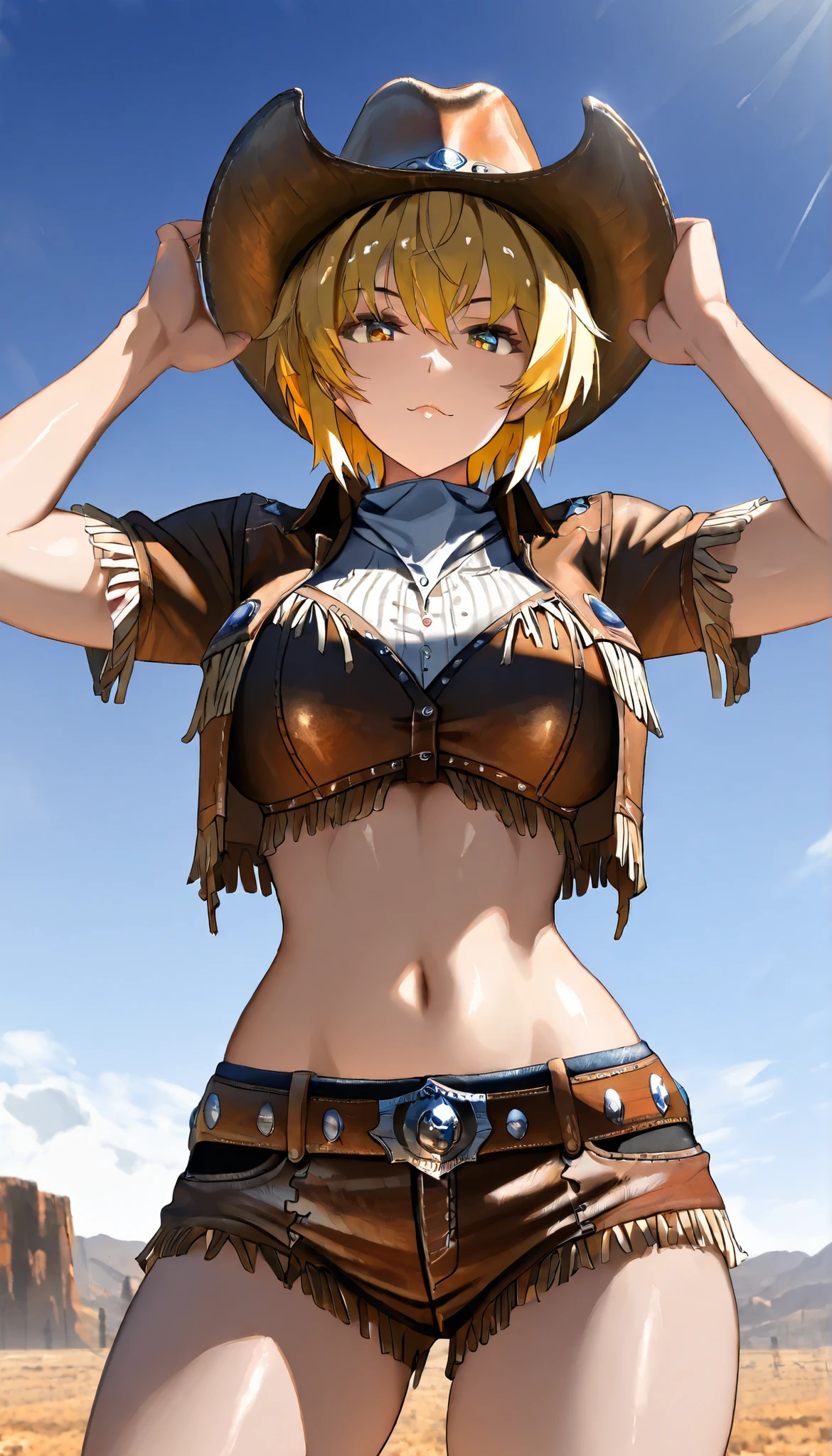 UHD, (A female with blonde hair),Short hair,Western US, western cowboy costume, Cowboy hat,outdoor,Open Pose, ultra-detailed, masterpiece, best quality, solo, upper focus, chiaroscuro,atmospheric,(Cowboy shot),(Close-up),first-person view, tachi-e,(Look at the viewers),(((Hbig bosom)))