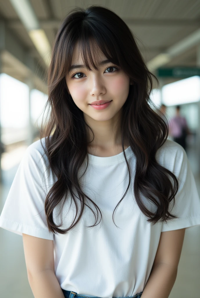 Tabletop, Highest quality, shape, Very detailed, finely, High resolution, 8k wallpaper, 完璧なダイナミックな構shape, finelyて美しい目, T-Shirts,Medium Hair,Natural color lip, smile,Harajuku、Teenage Girl、cute、Looking into the camera、flat chest、Brown Hair、Riverside、Street Snap、Anatomically correct, Ultra high definition, Winner of numerous awards, super high quality、