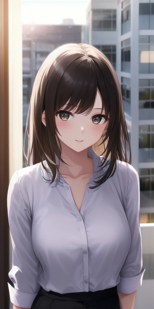 Angle from above, High angle, leaning forward, (looking away:1.5), masterpiece、top-quality、 A 40-year-old green-eyed woman with wavy lobed brown bangs.、Wearing a white blouse、wearing a beige skirt、smile, open mouth, Background outside、is standing、Bold composition、Alone、