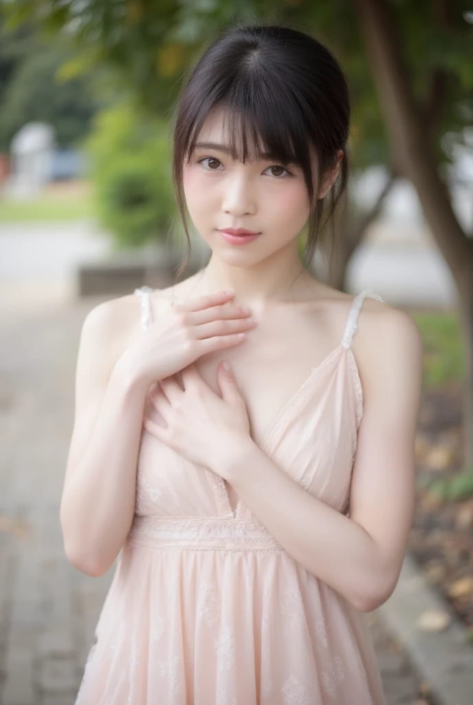 Japanese teenage girl, Downblouse , munechira,(((Small breasts))),((Flat Chest)),(slender) , bend your body,(Looking Down from Above:1.3), close, necklace , ((highly detailed bra with embellishments)) ,Overlap open dress, short hair,8k, highest quality, masterpiece, Ultra-high resolution, (realism: 1.4), Original photo, (Real skin texture: 1.3)、Young Face、Young Body、mini skirt(masterpiece:1.2, highest quality), (Very detailed:1.3), One Girl,short hair, in cafe, ((nipples can be seen from the neck of the clothes)), nipslip,