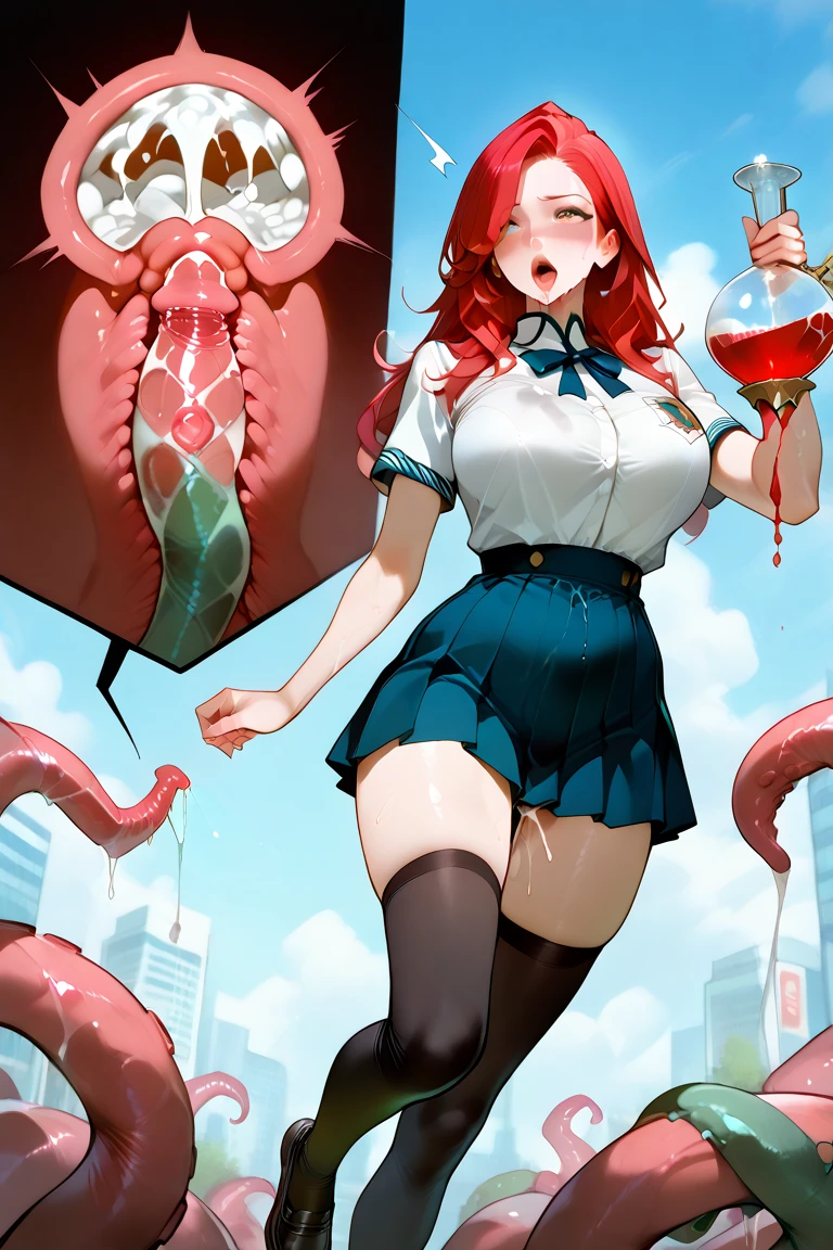 ((solo, takashiro hiroko, red hair, torn clothes, fully unbuttoned white blouse, yellow bowtie, cleavage, nipples, red pencil skirt, green earings, having an orgasm, blushing)) , intricate tentacle anatomy, glowing bioluminescent tentacles, detailed facial features, large expressive eyes, lush detailed hair, intricately detailed skin texture, ethereal and otherworldly atmosphere, complex and imaginative composition, highly detailed and realistic rendering, dramatic lighting, vibrant colors, surreal and fantastical, award-winning digital art, 8k, best quality, masterpiece, ((tentacles encircling breast)), ((tentacles tying up arms)), ((tentacles encircling waist and arms)) nsfw, tentacle sex penetration, (thick slimy tentacles penetrating vagina), (thick slimy tentacles penetrating anus), (facial expression of ecstasy, orgasm, blushing, eyes closed), body tensed up, ((slimy tentacles tightly gripping and parting her legs to reveal vagina, cumming, ((vaginal juices flowing from anus and vagina)), plethora of tentacles everywhere, background is covered in tentacles, body glistening in sweat,