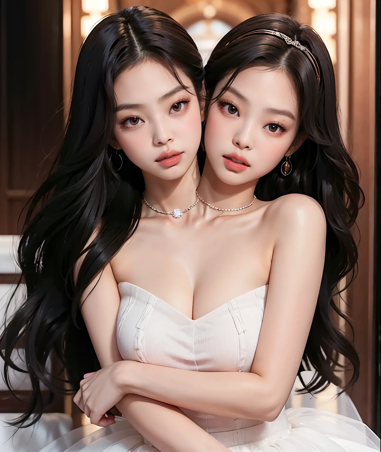 ((Angle of view that allows you to see the whole body)),((masterpiece)),((Highest quality)),((8K)),((Ultra high definition)),((high resolution)),((detailed)),((Perfect body)),((Perfect Face)),((Two Chinese beauties)),((Lesbian))、((Two people kissing))、((properkissing with their tongues out)),((huge breasts:1.3)),((Vigorously rubbing the opponent's chest)),((中国のprincess)),((Ecstatic expression)),((Blushing)),Chinese Beauty、princessの衣装、Very dense makeup、Jet Black Hair、Shiny Hair、Glowing Skin、Super Straight Hair、Long Hair、Bedroom、royal palace、Luxurious and gorgeous、Gorgeous hair ornament、gold、Royal Family、Yang Guifei、princess、