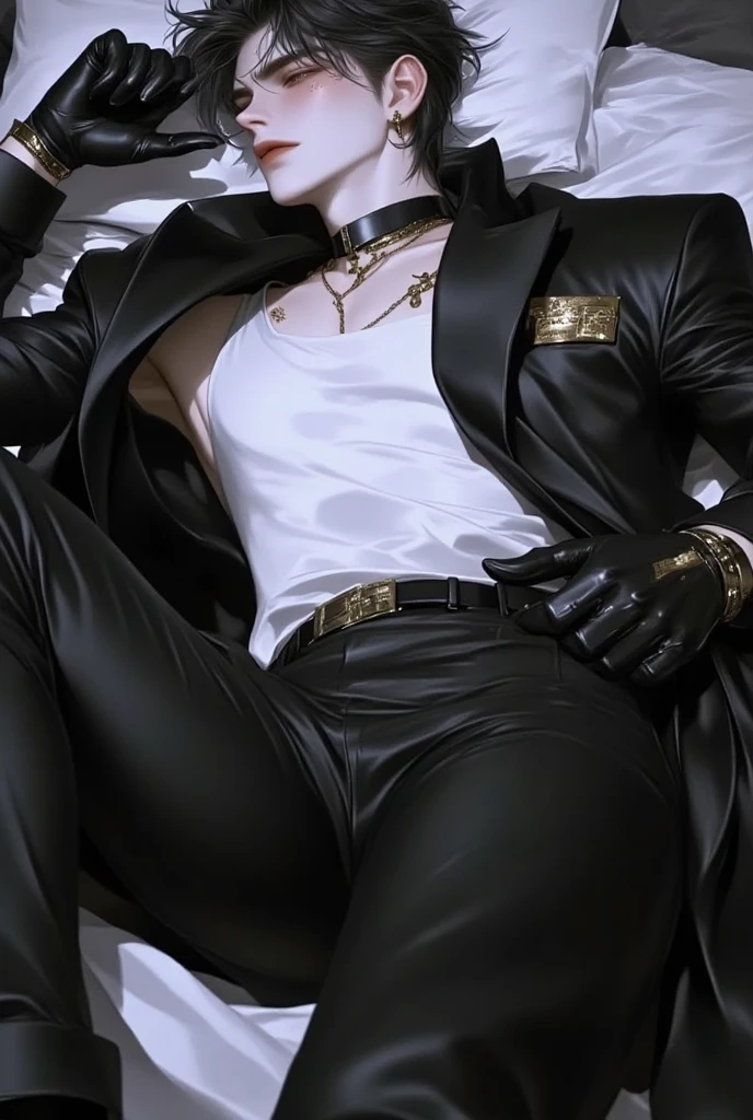 1boy, ~20 years old, Male focus, Muscular male,Realistic, indoor, normal hue, Central, Golden ratio, sitting on the leather throne, sharp-featured body, Tall, Burly, A high resolution, slender figures, Perfect anatomy, Skin texture, thick dark buzzcut hair, See-through bang, Light eyebrows, symmetrical eyebrow, Big bright eyes, Symmetrical eyes, square gold-rimmed glasses, big straight nose, Closed mouth, double-edged polearm, Broad shoulders, noble attire, bdominal stretch, tight-fitting, Leather collar, stand-up collared shirt, tiese, waistcoat, open thickened glossy dark leather jacket, sixpack abs, Leather gloves, Black trousers, Leather belt, spreading long thin legs, The large column is 10 inches long，3 inches wide, The erection, The large，with testicles, Masturbation, high-heeled leather boots, Soft smile, Handsome, Powerful, From the front side, looking ahead at viewer, day, Masterpiece, Best quality, Hyper-detailed, intricately details, Professional photography, Mattire, Bright, the most beautiful ever seen, post-proces, dreamatic lighting, Ambient lighting, Epic composition, very wide angle shot, uplit, ray-traced reflection, Depth of field, Gorgeous background，Toned muscles
