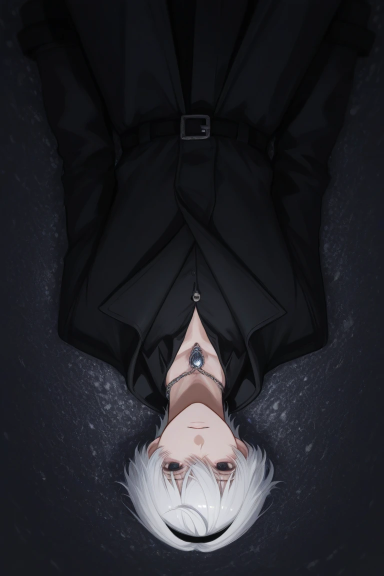 > An anime-style mysterious male character with short, messy snow-white hair and hidden streaks of deep blue. He wears a long, dark black coat with elegant silver patterns, over a high-collared black outfit. A strange, ancient pendant hangs around his neck. His eyes are hidden behind a sleek black headband, giving him an enigmatic and dreamlike presence. The air around him seems distorted, as if warping reality. His aura is calm but eerie, like a quiet storm brewing beneath the surface. The background is dim and surreal, with mist and fragmented reflections of an upside-down world.