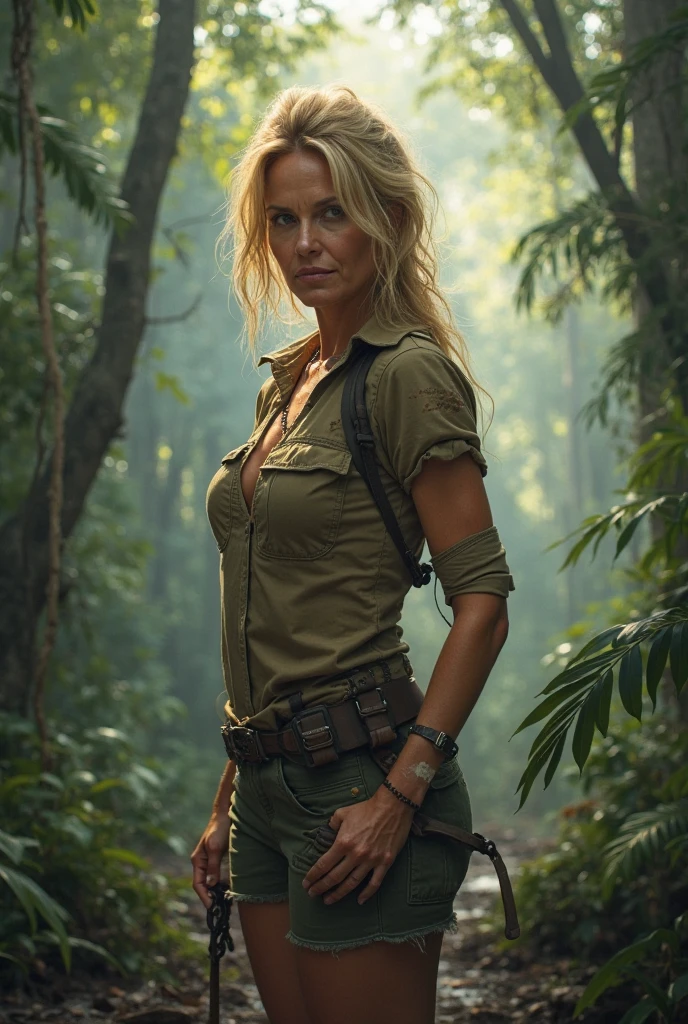 (Slim sexy body girl, long legs, small breast, perfect ass), hiking boots, (covered of mud washed-out black dirty distressed long tight jeggings:1.5), (open khaki military long sleeves jacket), (tight white top with cleavage and nipples), (baseball cap), (leather gloves). (small red round sunglasses) (spreading legs wide showing crotch). Ultra-realistic. Vibrant colors. Raining. (standing against a tree)
