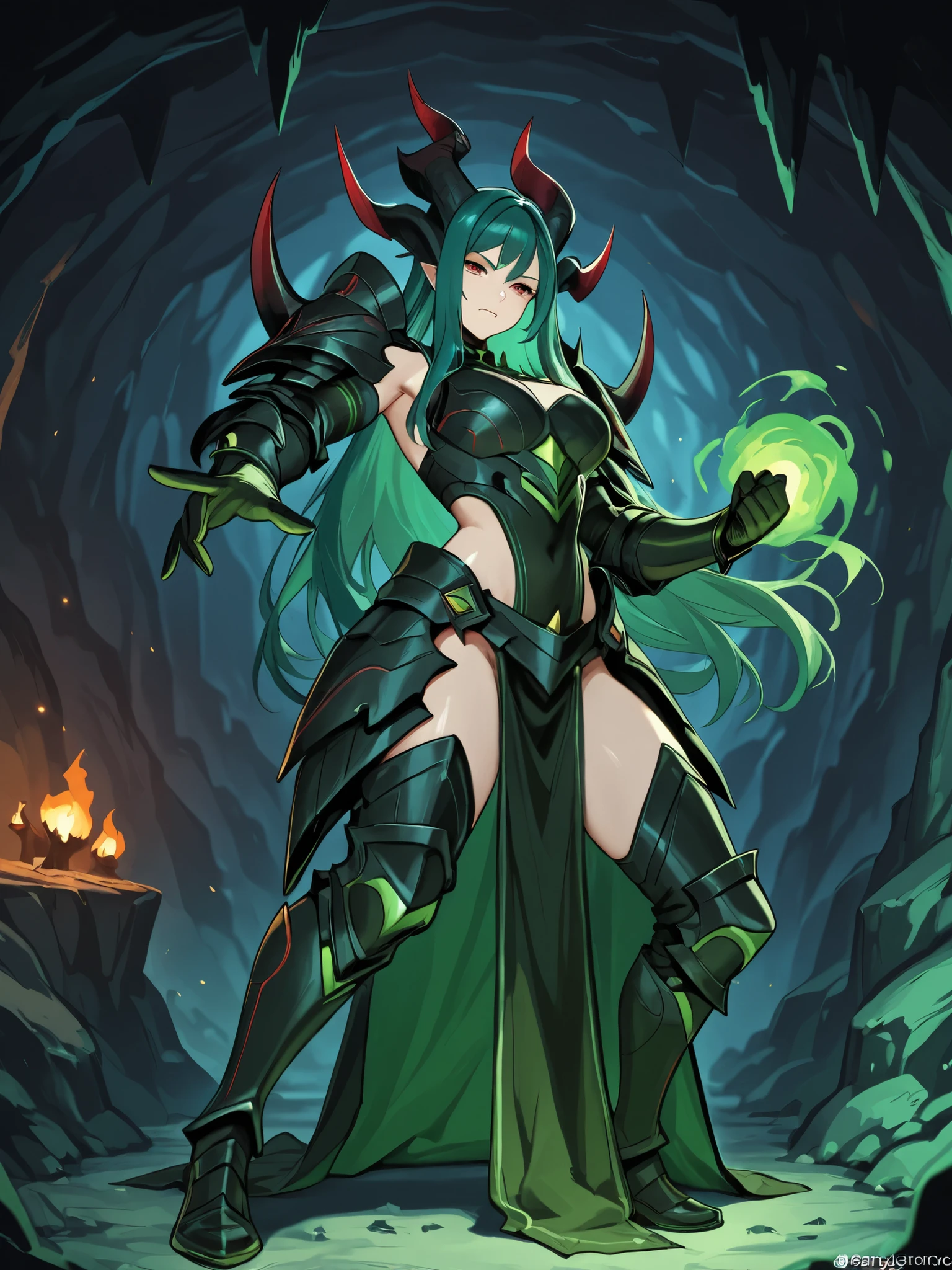 Sexy Draconic, semi-armored warrior with green curtu hair with bangs fighting in a cave