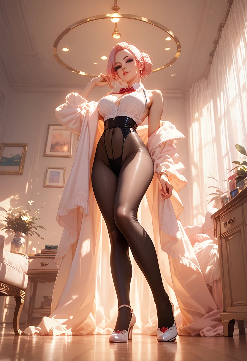 ((full body photo, feet on the ground, straight body)) {(Laura:woman, large breasts)}; {(black maid costume with white parts+white skirt+white sock with clips on pants+little clothing+extremely tight on body)}; {(she's inside a hotel room with a window, tonight, the window is open, she's standing in front of the window, catching a wind on her body, maid's costume extremely transparent and wet)}, Her body and hair {are extremely sweaty}; she {((is extremely exhibitionist, has very short pink hair and slick, eyes:blue, is smiling, looking at the viewer))}; Anime style, masterpiece,, High detail, anime, 16k, UHD, retina, retina, ccurate, anatomically correct, textured skin, super detail, high quality, award-winning
