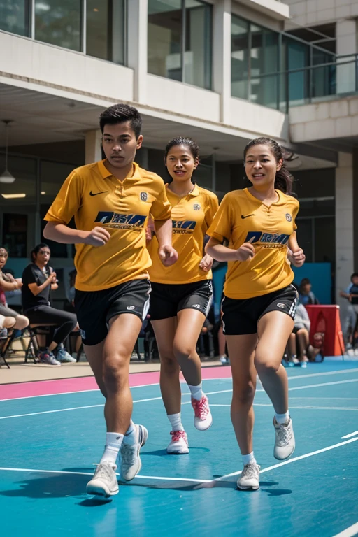 (Photography)(dynamic) Show three Malay students, one is a gymnast, one is a swimmer, one is hijab wearing and jersey and track pants. Standing pose. Sports school.
