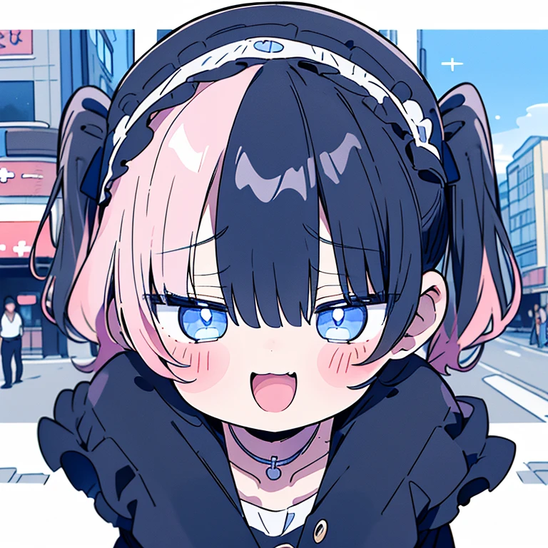 Top quality, masterpiece, chibi character, animal ear girl, peal purple and blunt bangs hair, twin braids, eyes closed, mouth wide open and screaming, blushing, smilng,fangs,(a girl with closs hair pin,
pink shirt,cosplay, jirai kei, bangs, black skirt, black bow, looking at viewer, bow, long sleeves, choker, ribbon,portrait shot :1.4),From the side, she is wearing square headphones over her ears, and the Marshall logo,Walking slowly through Shibuya at sunset, looking down, fullbody shot,