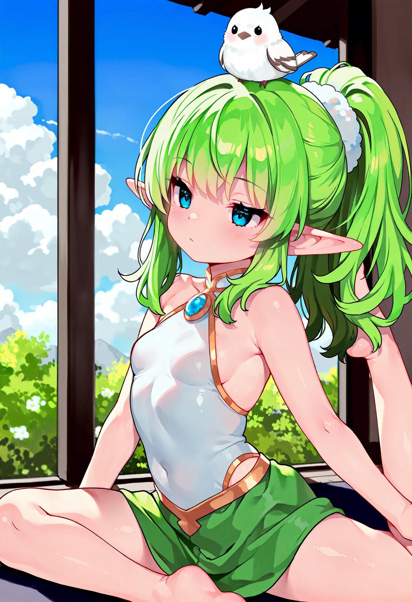 masterpiece, Best Quality, Very detailed, Japanese anime style , 1Girl,short,petite,young,green hair,ponytail hair,elf ears, emotionless expression, blush,((small breast)) ,Noble elven costume, green costume,( Yoga pose, doing yoga), ((pure white sparrow mascot in her head,fluffy round white sparrow )),outdoor,blue sky