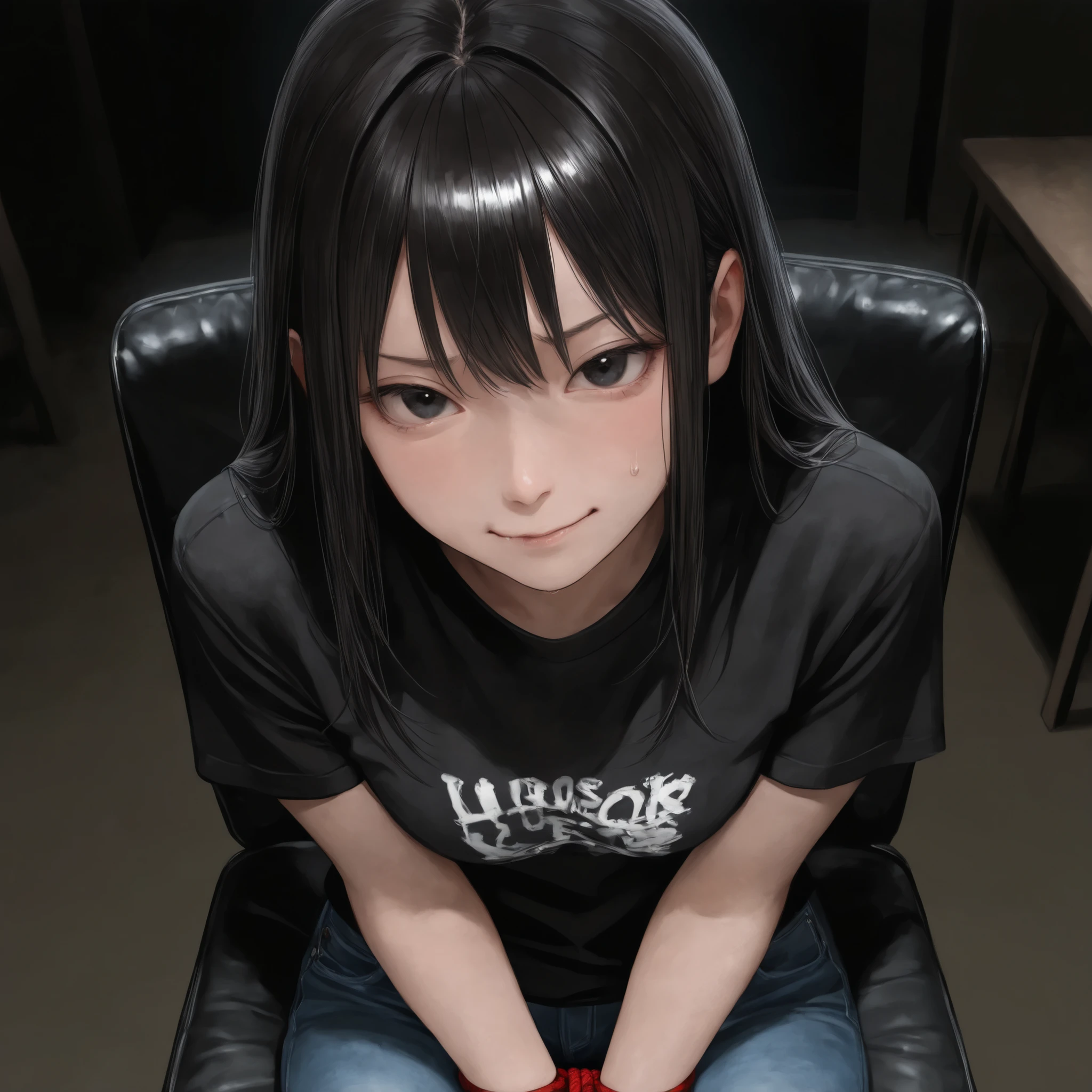 Masterpiece, top quality, smooth detail, ultra-high definition, semi-realistic, realistic eyes, girl, realistic hair, black room, dark room, chair, black black, black t-shirt, jeans, bondage, look to the viewer, sneering, nervous