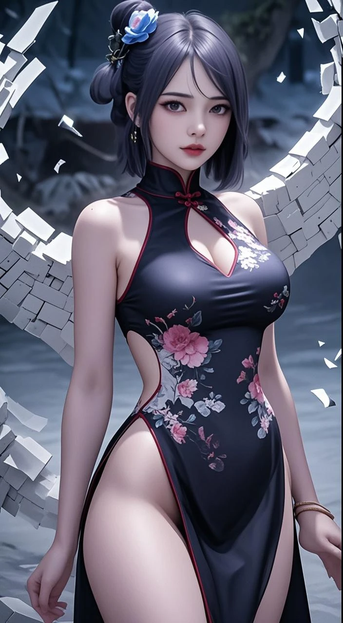 tsuruta ichiro, Narrow-eyed, 1girl in, Allback、deadpan、short-hair、shorth hair、brow、Reluctance、A dark-haired、Tucked Hair Solo, Cowgirl, Onepiece, ((mideum breasts)), Thin slit eyes、Black eyes, Light shines on the eyes、Black hair, gloves, Dress, Luxurious Jewelry, earrings, sharp eye、 elbow groves,Raise your hands and tie your hair back, random color, random color dress, Makeup for long eyes, Slender eyes、lip stick, Complex petal pattern, Rim Light, Back Light, pastel color,Studio Lighting