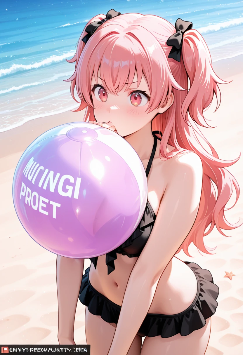 vanilla ice cream, cream on boob, big boob, wet shirt, see through, bikini, sweaty, cute face, summer, long hair, no hat, pink hair, girl, sweaty, 1, blue ocean, blue sky