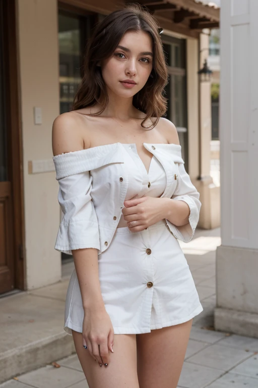 (realistic:1.3), finely detailed, quality, rembrandt lighting, (masterpiece:1.2), (photorealistic:1.2), (best quality), (detailed skin:1.3), (intricate details), dramatic, ray tracing, 1girl, japanese girl, 21 years old, detailed skin texture, (blush:0.5), (goosebumps:0.5), subsurface scattering, smiling, medium breasts, short hair curls, bangs, hair between eyes, halterneck, off-shoulder, edgCT, blouse, wearing edgCT, chic top, pencil skirt, cowboy shot, (bright sunny day), <lora:edgChicTops1:0.85>