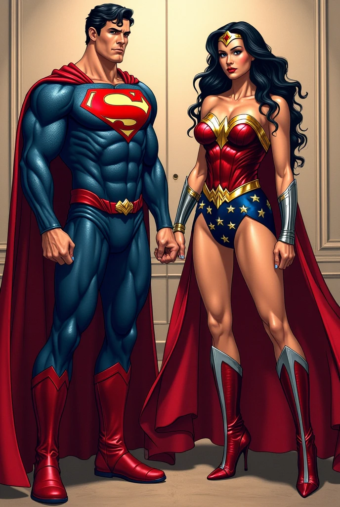 ((Best quality)), (masterpiece), (super Fine), (illustration), (Detail Light), (Extremely exquisite and beautiful), Two people,A man and a woman,Henry Cavill as superman,"s" logo on chest,Dark blue briefs(strong man:1.2), (Cowboy lens), A woman,Gal Gadot as Wonder Woman, Bikini, huge breasts, Huge ass, plump body, Two people lying on the bed,Embrace,kiss, (beautiful eyes), Negative space, Detailed background