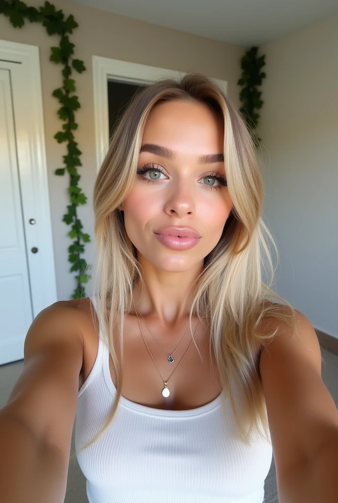 one girls, Very pretty, 20years old, Tanned, Long hair, blonde hair, blue eyes, Sharp eyebrows, large lips, Slim, Realistic, cleavage, instagram, influencer, Cute, Posing, Wearing, hight resolution, Ultra-detailed, Vivid colors, Professional lighting.