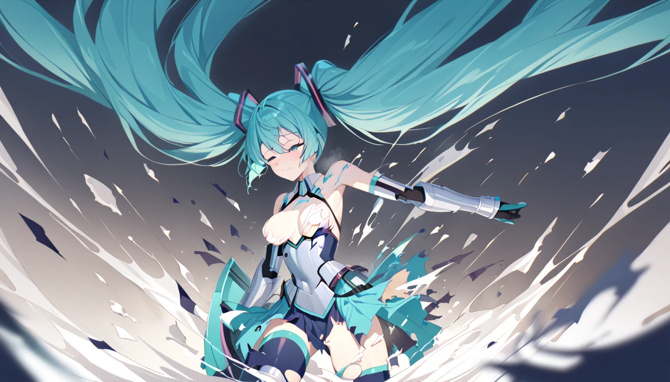(master piece), (best quality), (4k definition), (anatomy; perfect), Hatsune Miku character, 1 girl, fair skin, blue eye, blue hair), (Locks, bangs), hair tied on both sides , (hair lighting effects), eyebrow, nose, ear, tight mouth, smile, (bright skintight swimsuit), thick legs thick thighs, standing, backdrop, in the park, beautiful day, lighting, looking at the Viewer