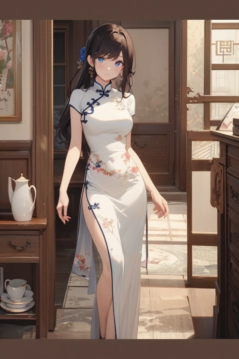 ((best quality)), ((masterpiece)), (detailed), perfect face,White cheongsam woman，Full body image