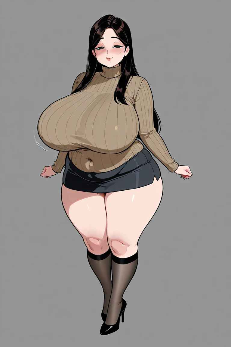 obese and thicc milf , silk waist-long dark hair , big round firm belly, sweater and pants, soft smile, motherly and nurturing, look, cute, tight clothes, tight pants, pants unbuttoned, pants unzipped, belly spilling out
