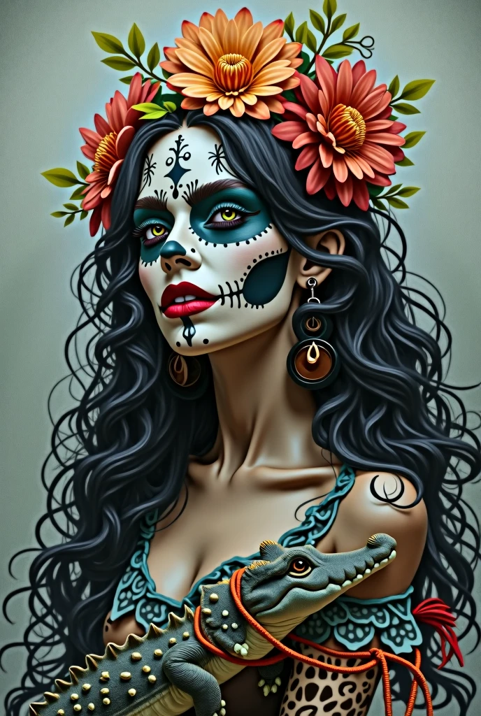 Woman with long, black and curly hair, she wears a flower crown and she has Catrina's makeup, she is leashed with a little crocodile.