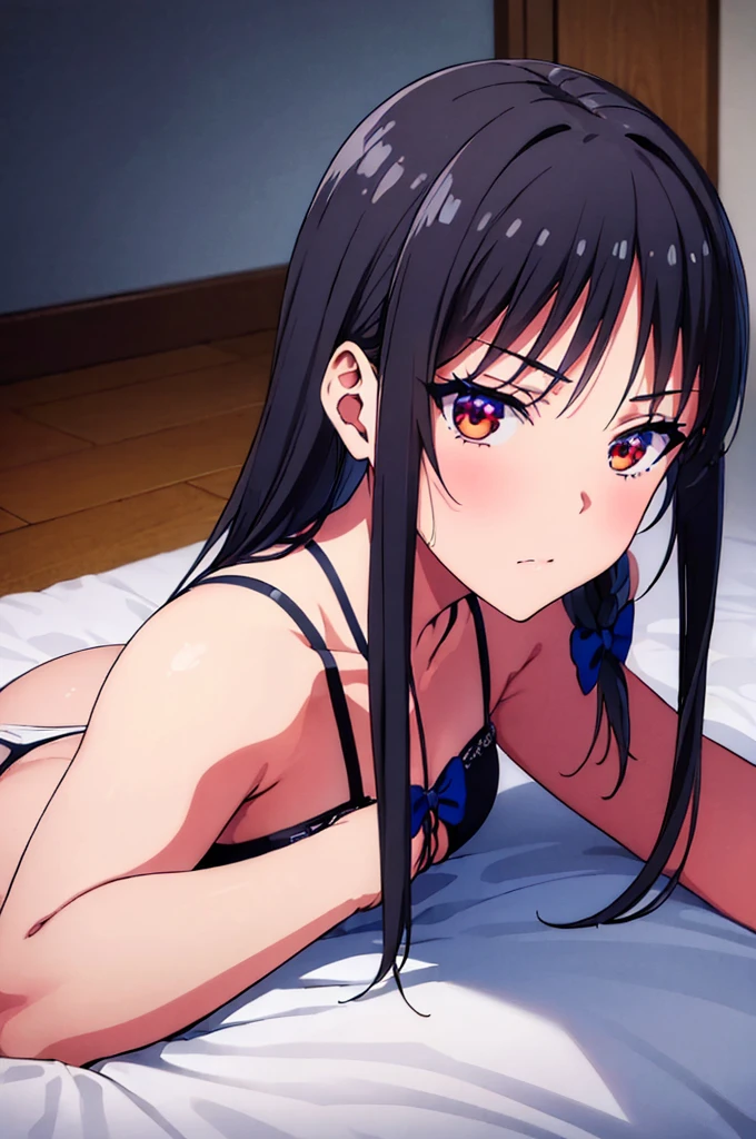 ((masutepiece, Best Quality, hight resolution, nffsw, Perfect Pixel, depth of fields, 4K, )), 1girl in, Solo, , Beautiful anime girl, Beautiful Art Style,
lying on stomach:1.3, bed background, Looking back:1.4,
Perfect body, smug face:1.4, front facing:1.4, full body:1.5,
yukinoshita yukino, long hair, black hair, large breasts, Full face blush, black stockings, black lingerie,
straight on:1.3, medium shot