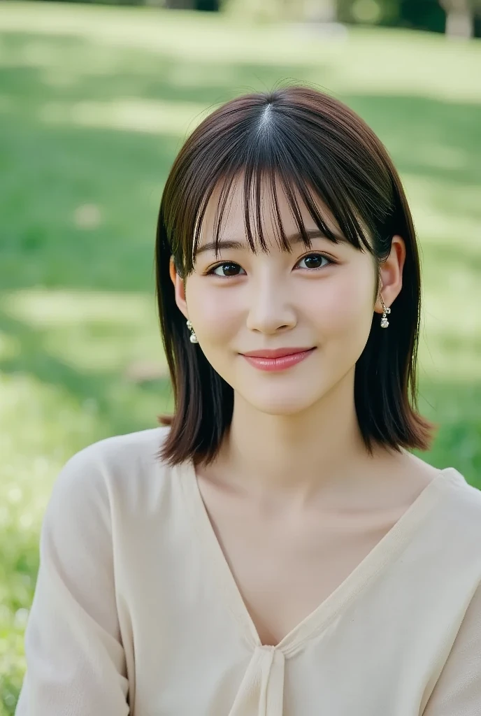 Standing in the park, Wrinkles around the eyes, Smiling with teeth showing, Plain short-sleeved clothing, senior citizen, Draw lips correctly, Red lipstick, No discomfort, 16K, Highest quality, Very detailed, Realistic, Very detailed肌, (Japanese), (alone), 100 years old, Large Breasts, , Glamour, sexy, Chromo White Skin, Staring straight ahead,