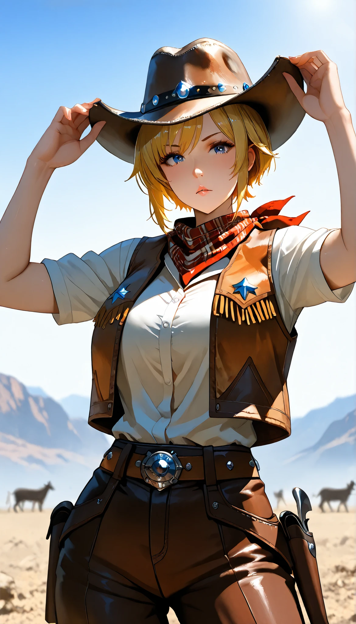 UHD, (A female with blonde hair),Short hair,Perfect body,white short shirt,Cowboy Vest,scarf,Western US, western cowboy costume, Cowboy hat,outdoor,Open Pose, ultra-detailed, masterpiece, best quality, solo, upper focus, chiaroscuro,atmospheric,(Cowboy shot),(Close-up),first-person view, tachi-e,(Look at the viewers),(((Hbig bosom)))