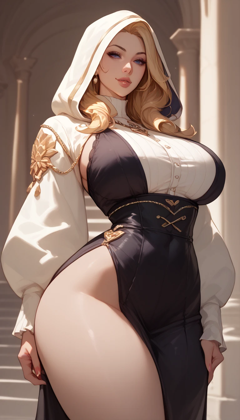 (best quality,realistic),sexy girl,masterpiece:1.2,maid outfit, micro thong, big breasts, beautiful detailed face, blonde hair in braids, gorgeous body, view from below