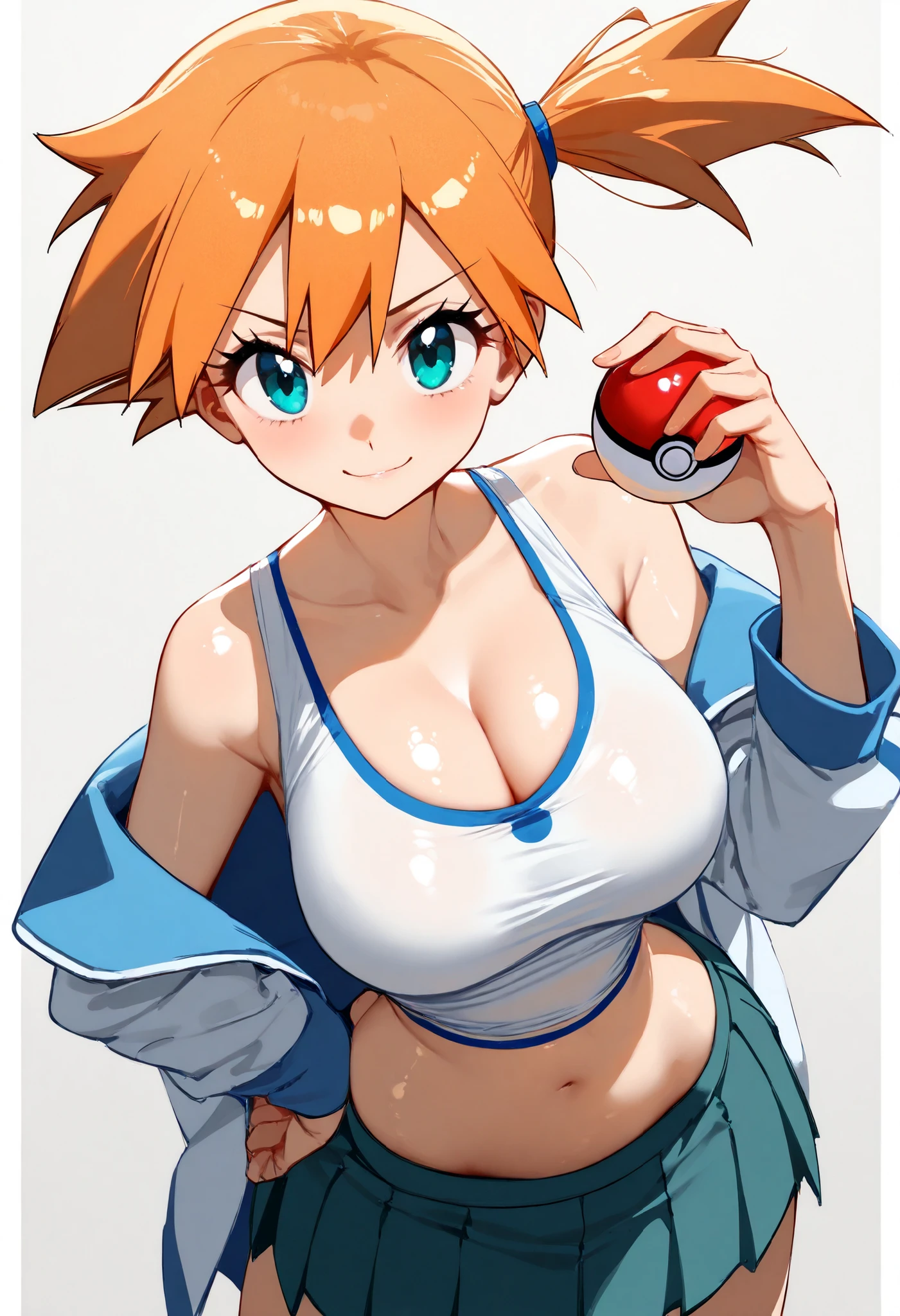 Pussy,Pussy,genital,Vivid colors,Brown Hair,Big collar、A garment with an open chest design,Exposed breasts,Pants with no fabric in the crotch area,露出したPussy,(beige skin,Beige breasts,Beige thighs,Pink nipples,)Light blue eyes,A picture of a woman holding a monster ball, Pokemon Misty, Gainax Anime Style, Also, Masamune Shirow, Inspired by Rei Kamoi, inspired by Un'ichi Hiratsuka, Singey, Cool pose, dramatic Grin pose, Female protagonist 👀 :8, Grin, rei hiroe