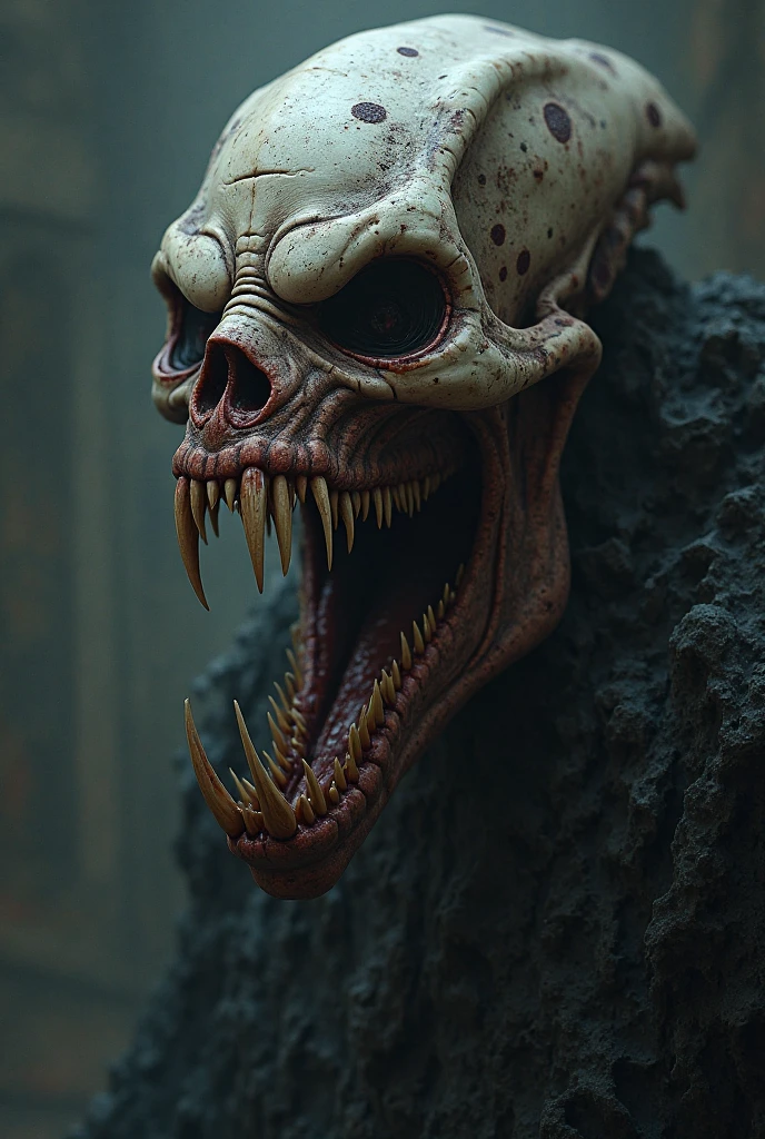 Monster head on a black background, sideways , that covers the entire image 