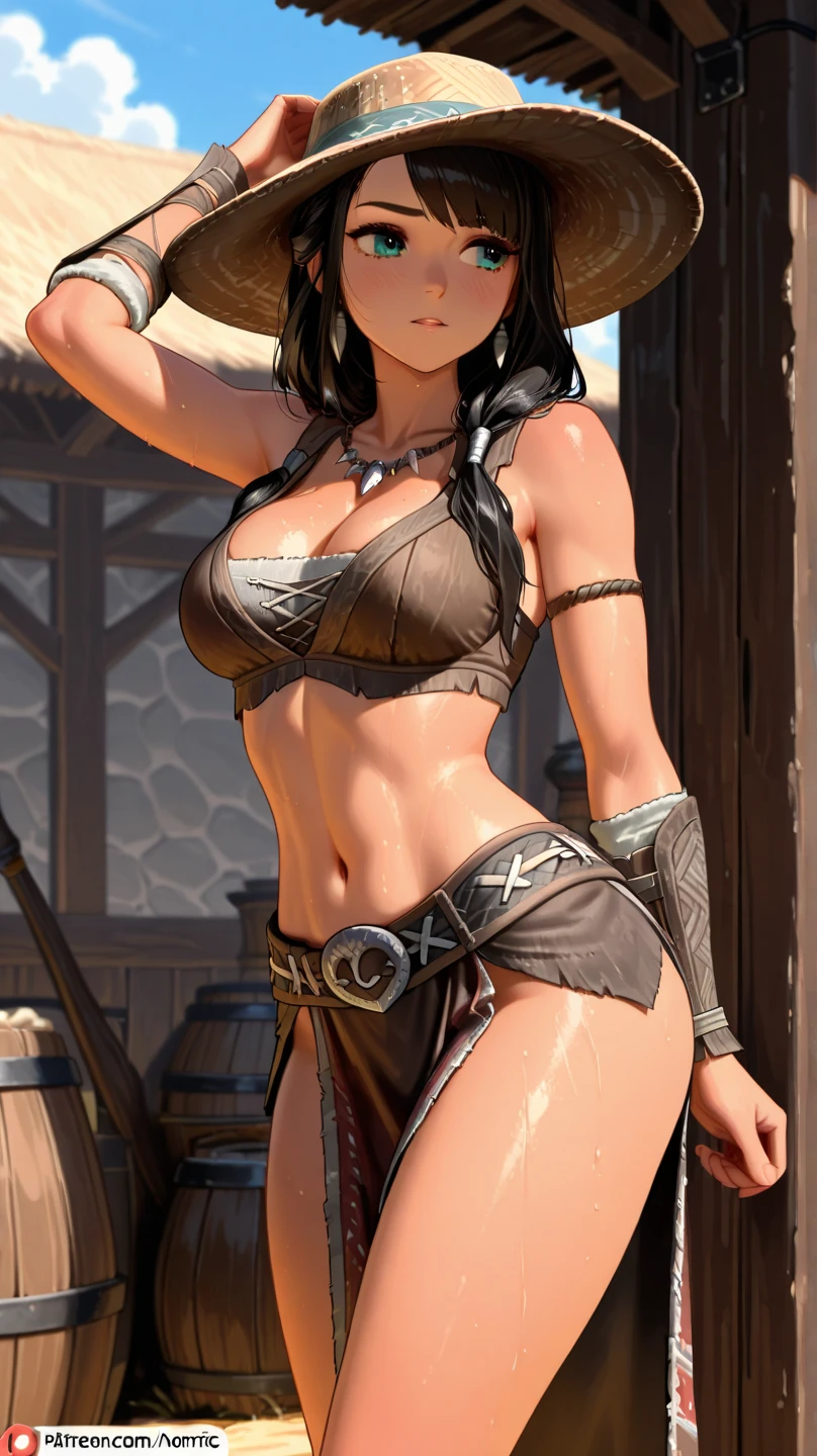 masterpiece, best quality, beautiful art, high resolution, well formed hands, body and fingers, 1 woman, solo, Raiden Shogun, wearing a slave Leia outfit, adult, big breasted, cleavage, full body, sexy and skimpy outfit , gorgeous legs and thighs , she is fighting in a combat match, showing her fighting skills, making her guard, about to hit the viewer, looking at the viewer, sweating, bouncing breasts, smiling joyfully and brightly, being confident and proud, action and fighting scene, martial arts tournament with beach environment