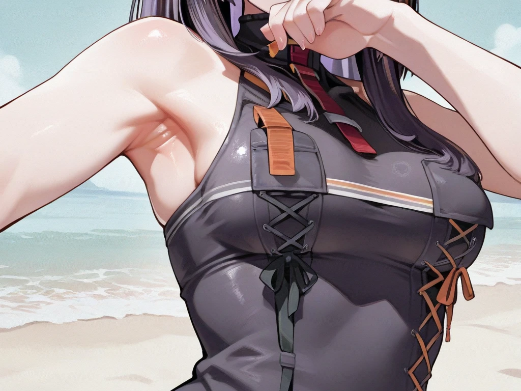 purple hair,purple eyes,(absurdres, 8k, 4k, masterpiece, hyper extreme detailed:1.2), solo, 1girl, front view, perfect face, 1girl, portrait, expressive eyes, looking at viewer, solo, standing, Female, toned body, mature female, large breasts, pale, , long hair, swept bangs, athletic body, stoic, windy hair, moving hair, moving clothes, Shorts, black shirt, , Military, battle worn, scars, messy hair, smile, happy, heroic, perfect ???????, friendly, heroism, blue sky, sun, clouds, muscular, half body, bound, bondage, (arms behind back:1.4), (bdsm, tape gag, tape, tape bondage, restrained, best anatomy, tape wrapped, wrap gag, tightly bound, tape wrapped around face, tape above breasts, tape below breasts, sitting down, tape gag, long hair, tape between breasts, taped forearms, taped elbows, taped abdomen, taped nose, taped between arms, black t-shirt, sleeveless)
