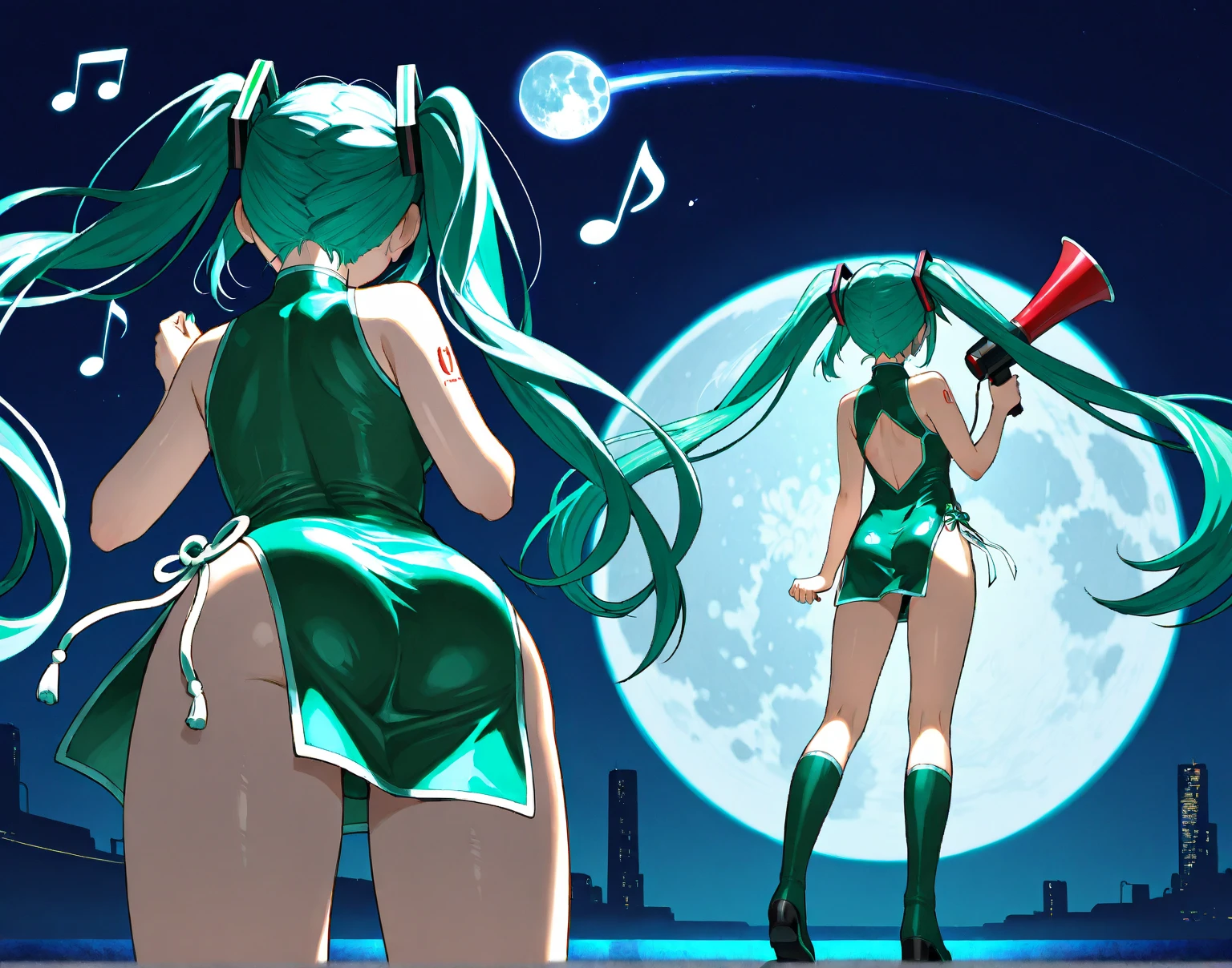 (girl1), (anime), white, with long green hair, jade green eyes, an 8 year old woman, with white stockings and a sexy dress, wearing a heroine costume consisting of a white sleeveless swimsuit with purple details and a yellow crescent moon on his chest. She also wears purple high boots, white gloves with spikes and metal plates on her waist and feet, look at her (breast size, they are size AAAA+:1.5),(Small body height of a lolita:1.2),(Body height of an 8-year-old child:1.2),(Turned on her back with her ass hypinated to the fourth wall),(Huge breasts:1.5),(Big ass:1.0)