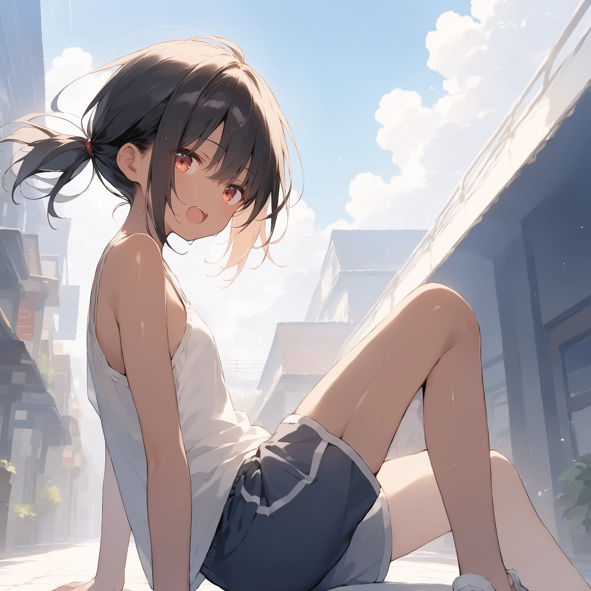 score_9, score_8_up, score_7_up, source_anime, best quality, masterpiece, official art, absurdres, highres, ultra-detailed,waifu2x,Collection: Slice of Life,break,1girl, tomboy, dark-skinned female, short hair, low ponytail, flat chest, beautiful detailed eyes, short shorts, sweat, open mouth, (yawn:0.3), sleepily, outdoors, wind,break,(clear line illustration:1.2), super detailed skin,very high resolution, very aesthetic, Best sexual lighting powered by famous artist, 8k,cute picture,beauty illustration,photoshop_(medium),,(Detailed Lighting),best anime 8k konachan wallpaper, pixiv contest winner, 