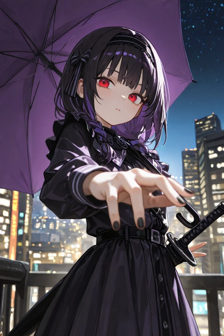 A beautiful anime girl with short,messy black hair featuring purple inner highlights,heterochromia eye,C-cup breasts,wearing a black trench coat,white shirt,black skirt,swallow smile with some blood in her left corner,an eye patch,hand in pocket,extremly hate expression,a little blood in her clothes,detailed facial features,dramatic lighting,cinematic angle,vibrant colors,intricate background,highly detailed,masterpiece,photorealistic,raining,dark style,full body