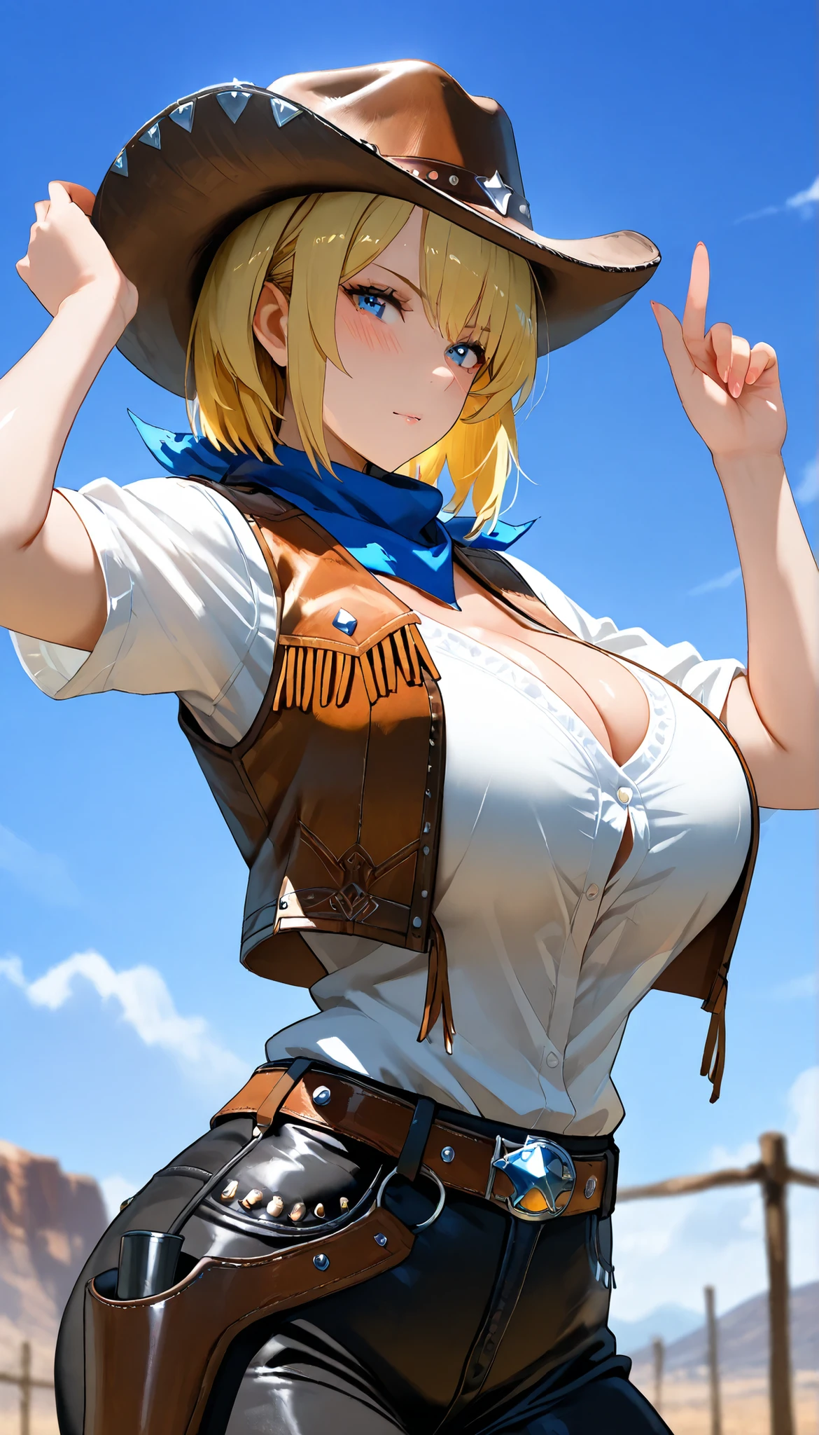 UHD, (A female with blonde hair),Short hair,Perfect body,medium oppai,white short shirt,Cowboy Vest,scarf,Western US, western cowboy costume, Cowboy hat,outdoor,Open Pose, ultra-detailed, masterpiece, best quality, solo, upper focus, chiaroscuro,atmospheric,(Cowboy shot),(Close-up),first-person view, tachi-e,(Look at the viewers),(((Hbig bosom)))