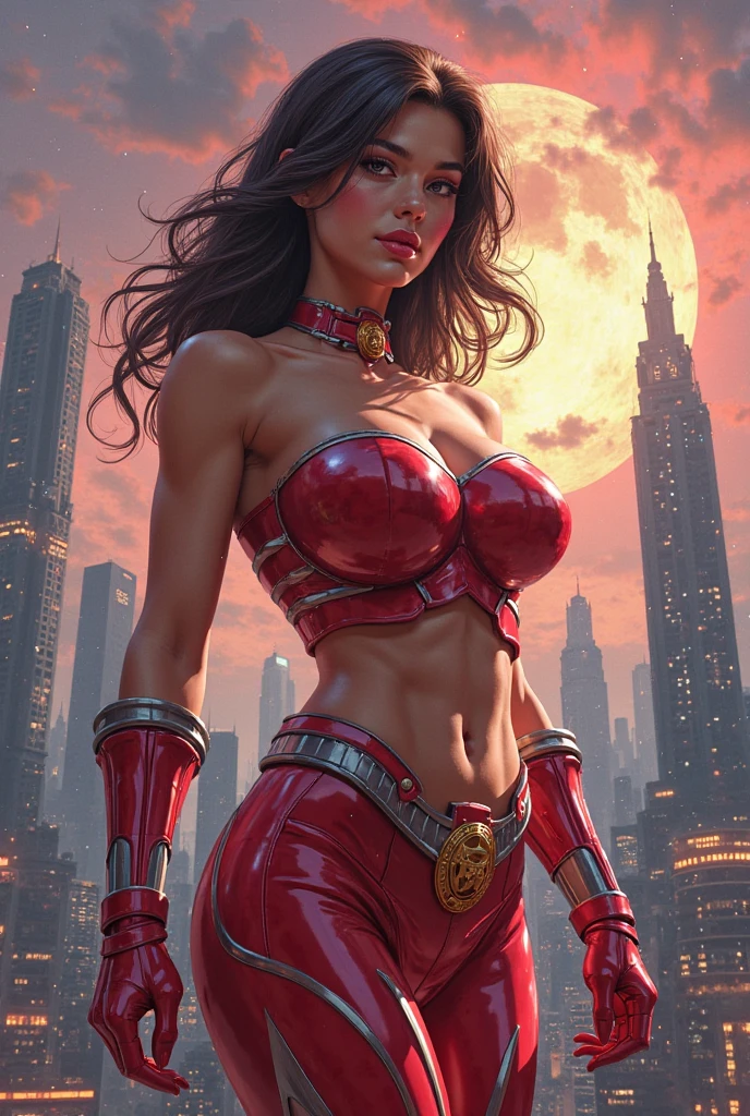 A beautiful woman under the cloak of the warrior Big Barda has long hair, black and almost always hidden by his samurai helmet. His eyes are light blue. Her superheroine costume is samurai themed.. Her costume usually includes a red jumpsuit combined with yellow and a gold armor top over her jumpsuit on her knees screaming exhausted after an extensive battle blood around her in an apocalyptic and rainy city cars and buildings on fire