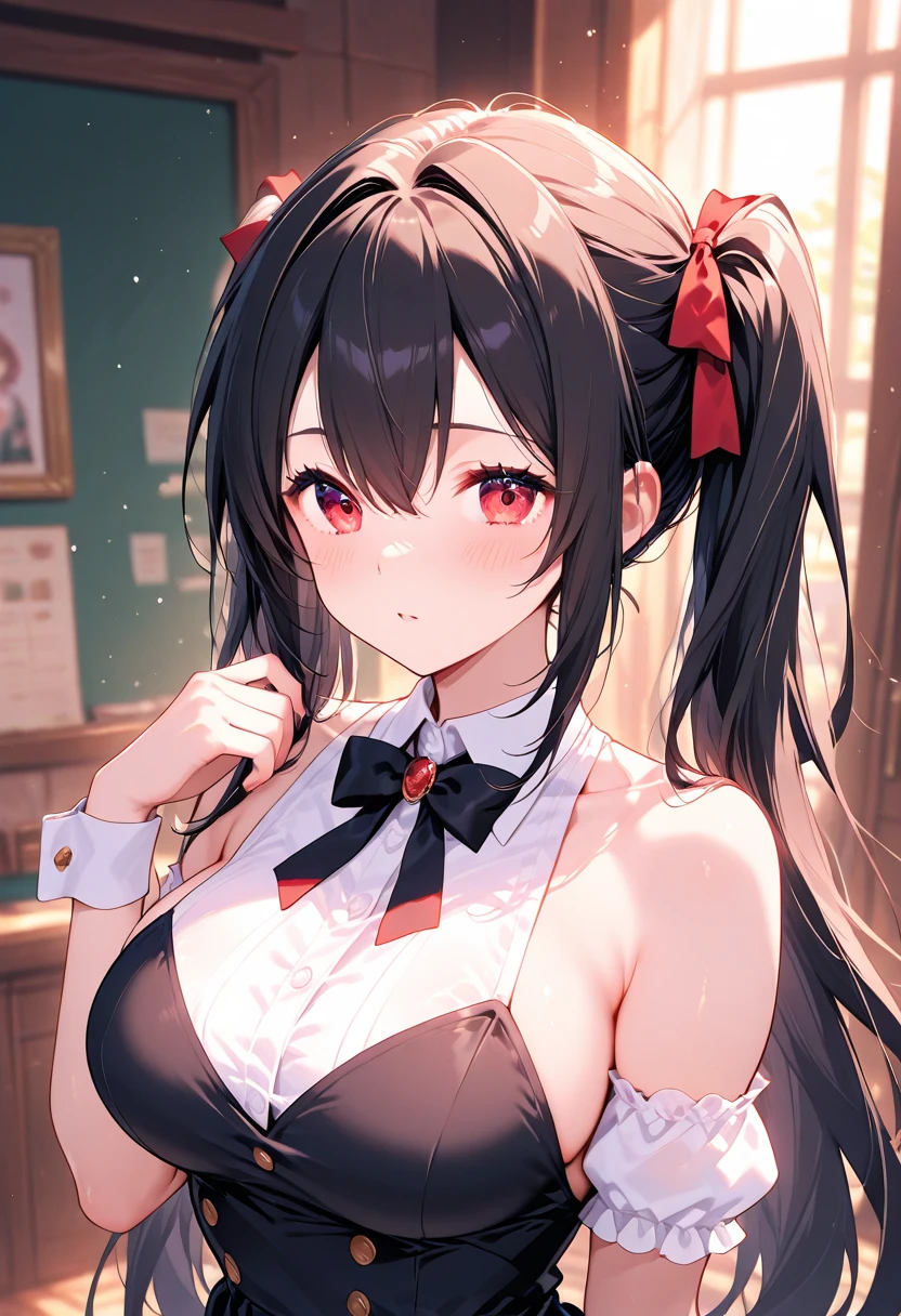 Adulta joven, Cabello negro ondulado, mirada penetrante con ojos profundos de color rojo, estatura promedio, Silky hair with a ponytail hairstyle collected with a red bow with two white lines, tiene pechos, primer plano, Session, standing in the middle of his room [[[[pervertida]]] , Sonrojada, mini dress transparent lingerie, NSFW, Lifting her dress, con lentes 