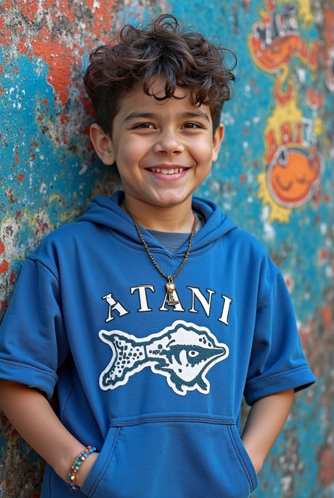 "Create an illustration of a boy named Zezinho. He is about 8 years old, with short brown hair and bright blue eyes. Zezinho is energetic and curious. He is wearing a blue t-shirt with a small logo with 3 letters TTD on the chest and blue denim shorts. On the feet, He wears white sneakers with black details. Zezinho has an expression of joy and enthusiasm, as if you were about to embark on a great adventure. The background of the image could be a sunny backyard setting, with green grass and some colorful flowers around."
